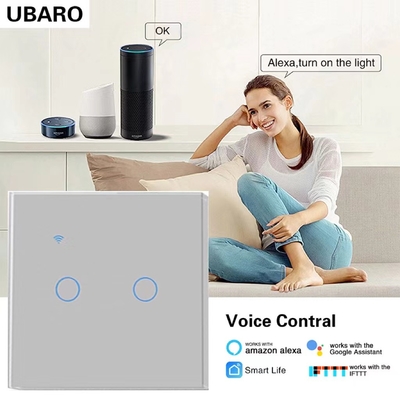 good price EU/UK Standard 2Gang Tuya Smart WI-FI Switch For Alexa Alice Voice And App Control Grey Tempered Glass Panel online