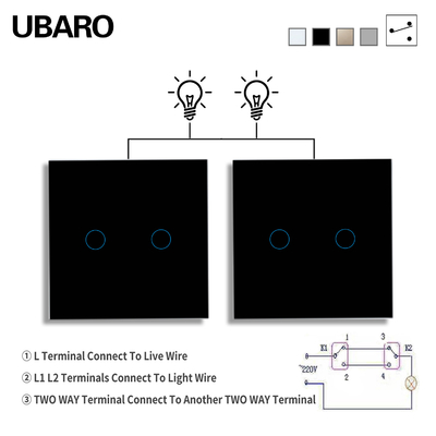 good price 2Gang 2Way Dual Switch Black Tempered Glass Single Live Wire Control Panel Stair and Bedroom Switch online