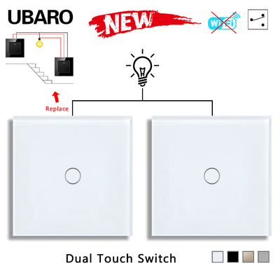 good price UBARO EU/UK Dual Touch Switch White Tempered Glass Panel Input 220V 1Gang 2Way Stair and Bedroom Switches online