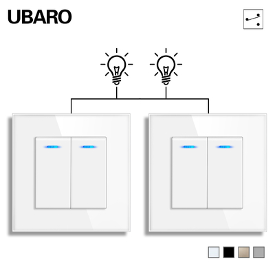 Un buen precio. 82 Tipo Blanco Negro Gris Panel de vidrio templado 2 Gang 2 Way Rocker Push Switch 220V 10A con indicador LED En línea